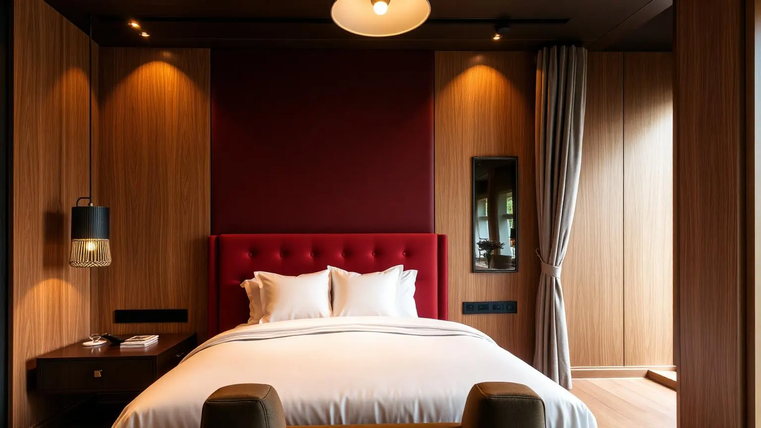 Sample portfolio interior mewah Pintujhdotcom dengan headboard burgundy dan panel kayu jati.